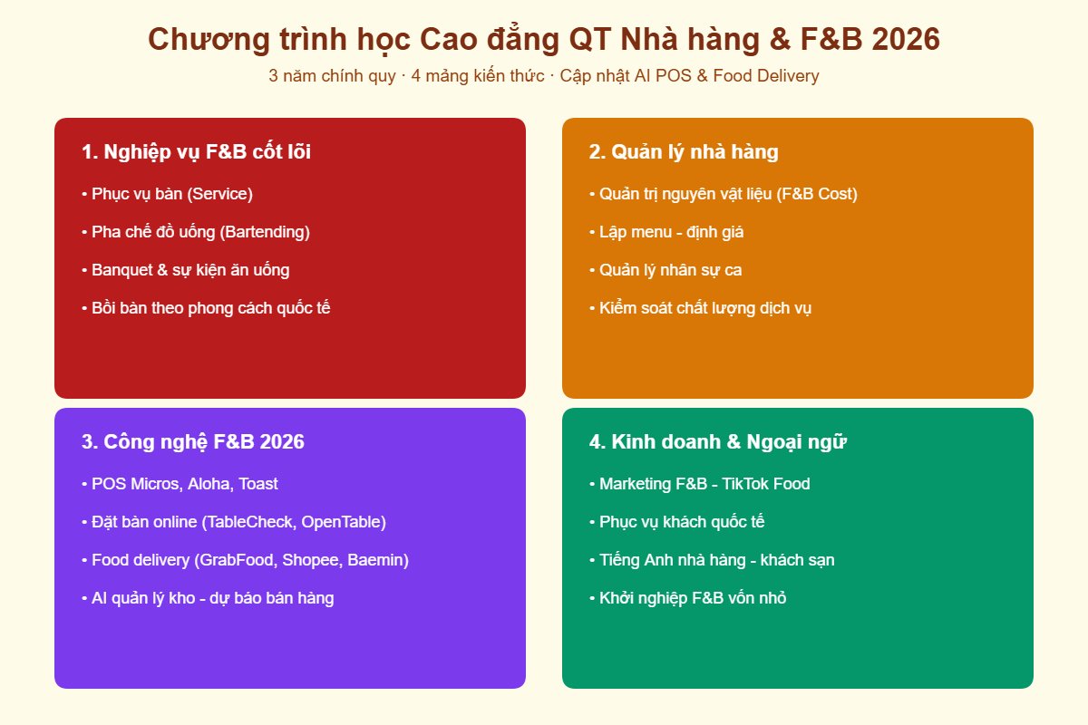Chương trình học Cao đẳng QT Nhà hàng 4 mảng F&B Quản lý Công nghệ Kinh doanh