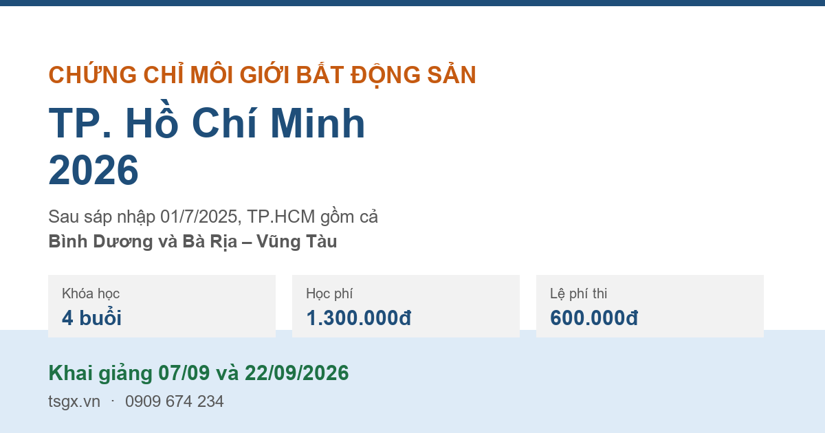 Thông tin khóa học chứng chỉ môi giới bất động sản tại TP.HCM khai giảng tháng 9/2026