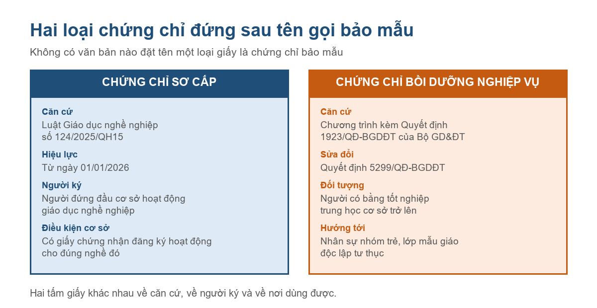Bảng so sánh chứng chỉ sơ cấp và chứng chỉ bồi dưỡng nghiệp vụ chăm sóc trẻ em năm 2026
