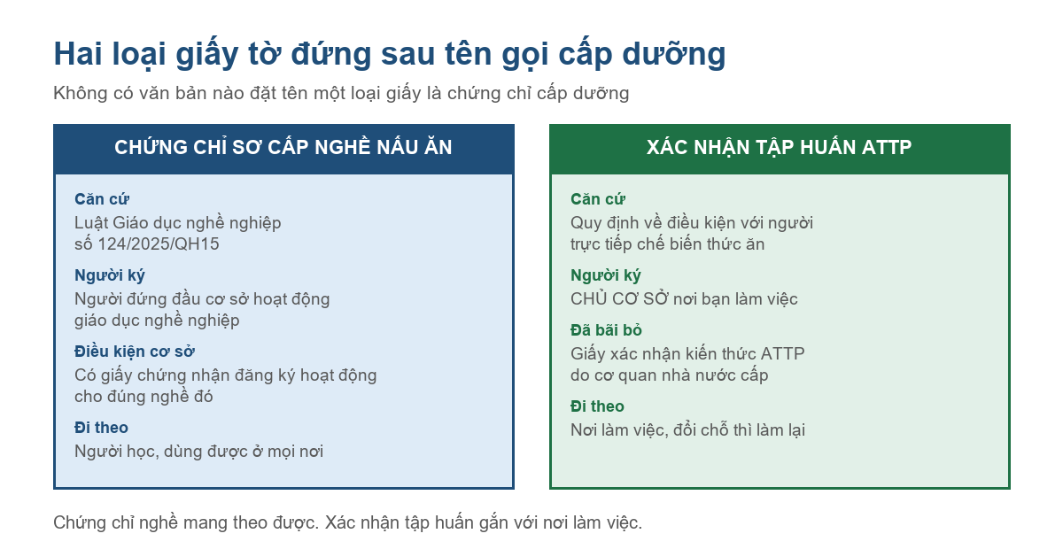 Bảng so sánh chứng chỉ sơ cấp nghề nấu ăn và xác nhận tập huấn an toàn thực phẩm năm 2026
