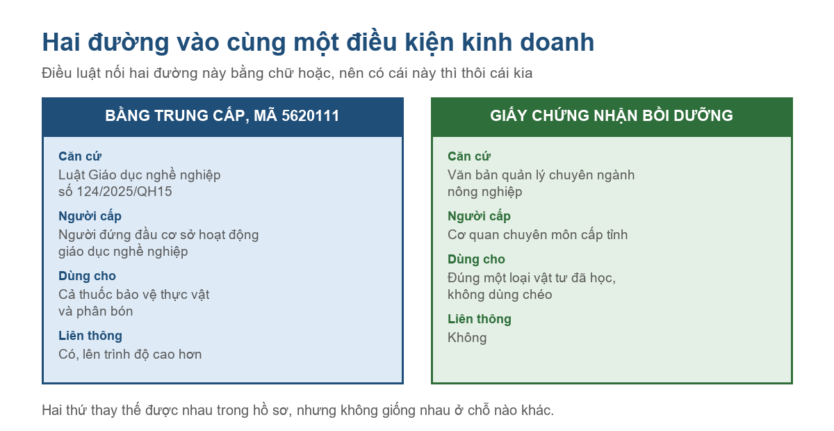 Bảng so sánh bằng trung cấp mã 5620111 và giấy chứng nhận bồi dưỡng chuyên môn năm 2026