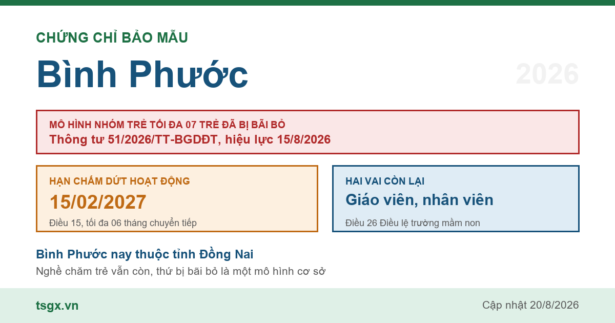 Chứng chỉ bảo mẫu tại Bình Phước năm 2026, mô hình nhóm trẻ độc lập quy mô tối đa 07 trẻ đã bị Thông tư 51/2026/TT-BGDĐT bãi bỏ