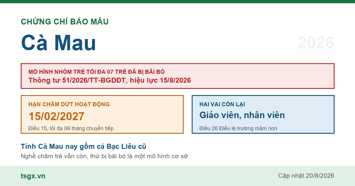 Chứng chỉ bảo mẫu tại Cà Mau năm 2026, mô hình nhóm trẻ độc lập quy mô tối đa 07 trẻ đã bị Thông tư 51/2026/TT-BGDĐT bãi bỏ