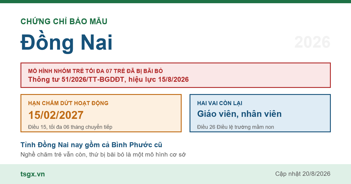 Chứng chỉ bảo mẫu tại Đồng Nai năm 2026, mô hình nhóm trẻ độc lập quy mô tối đa 07 trẻ đã bị Thông tư 51/2026/TT-BGDĐT bãi bỏ