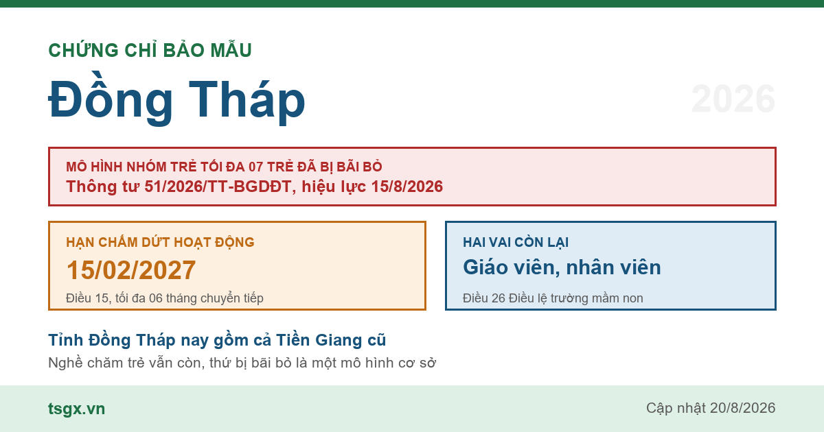 Chứng chỉ bảo mẫu tại Đồng Tháp năm 2026, mô hình nhóm trẻ độc lập quy mô tối đa 07 trẻ đã bị Thông tư 51/2026/TT-BGDĐT bãi bỏ