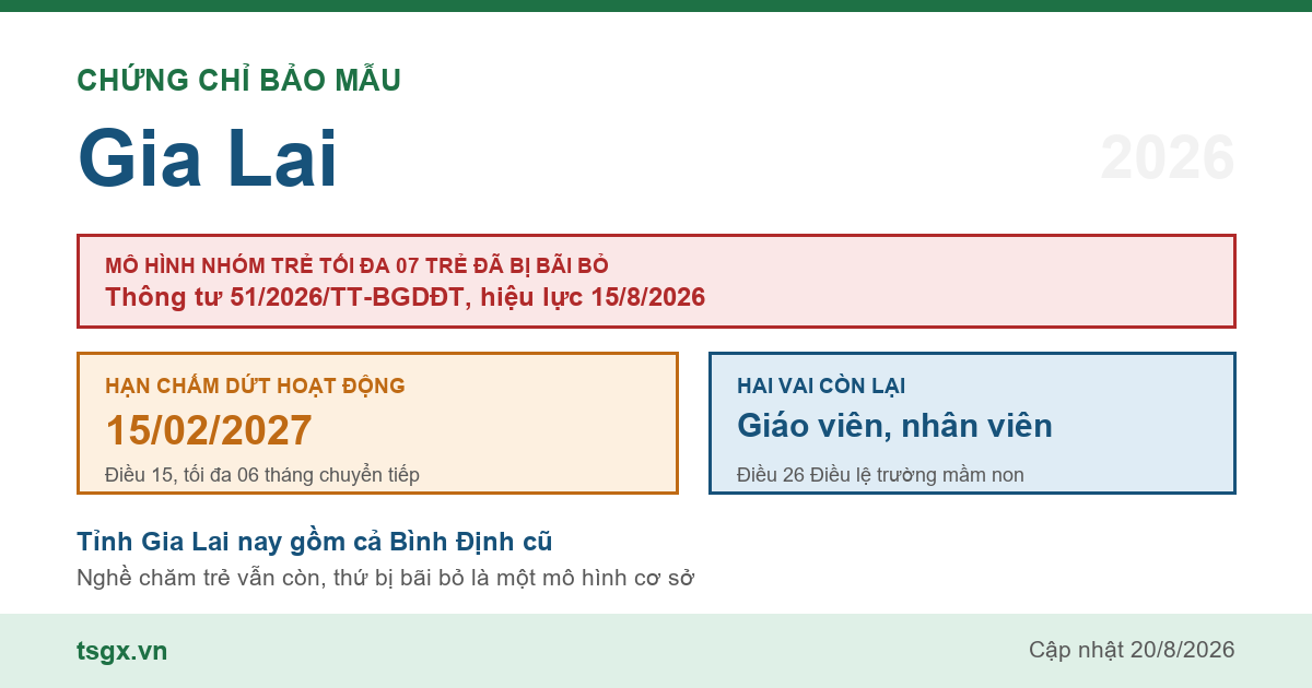 Chứng chỉ bảo mẫu tại Gia Lai năm 2026, mô hình nhóm trẻ độc lập quy mô tối đa 07 trẻ đã bị Thông tư 51/2026/TT-BGDĐT bãi bỏ