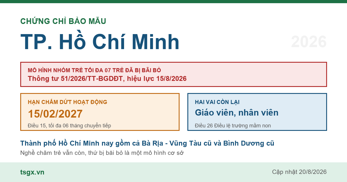 Chứng chỉ bảo mẫu tại TP. Hồ Chí Minh năm 2026, mô hình nhóm trẻ độc lập quy mô tối đa 07 trẻ đã bị Thông tư 51/2026/TT-BGDĐT bãi bỏ