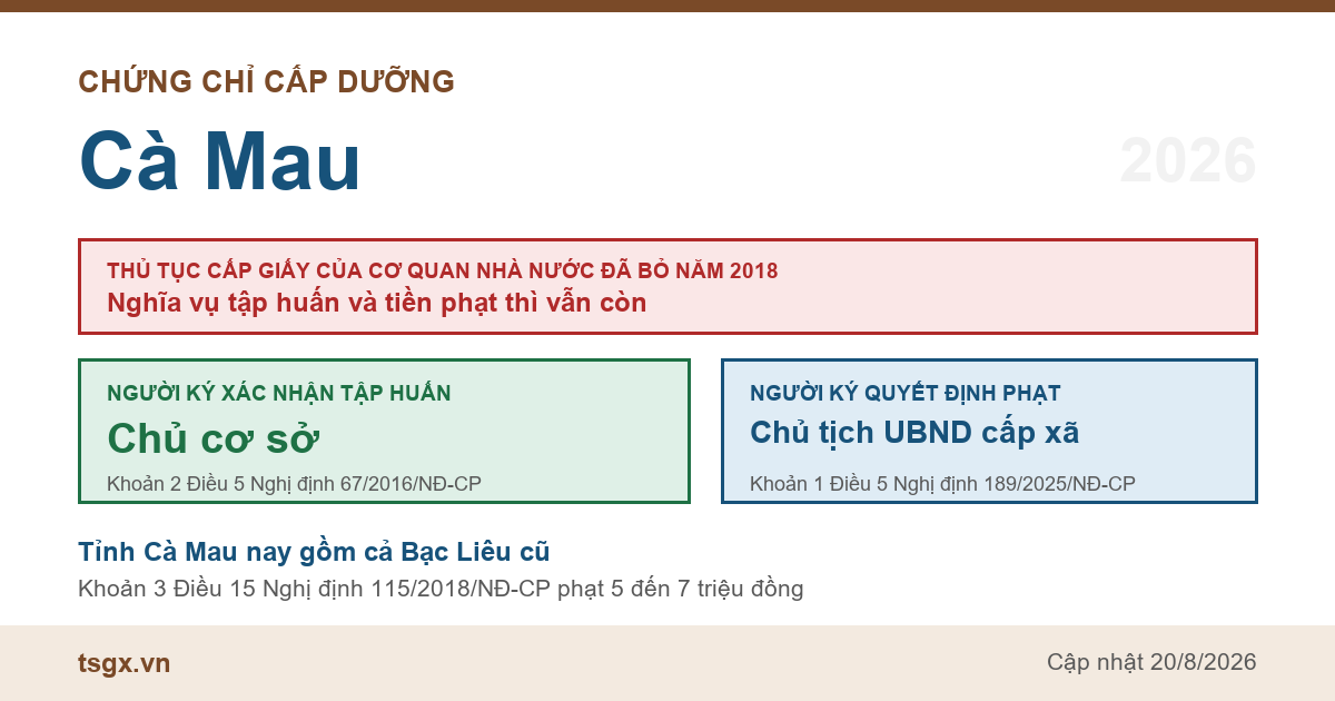 Chứng chỉ cấp dưỡng tại Cà Mau năm 2026, ai ký giấy xác nhận tập huấn và ai ký quyết định xử phạt bếp ăn