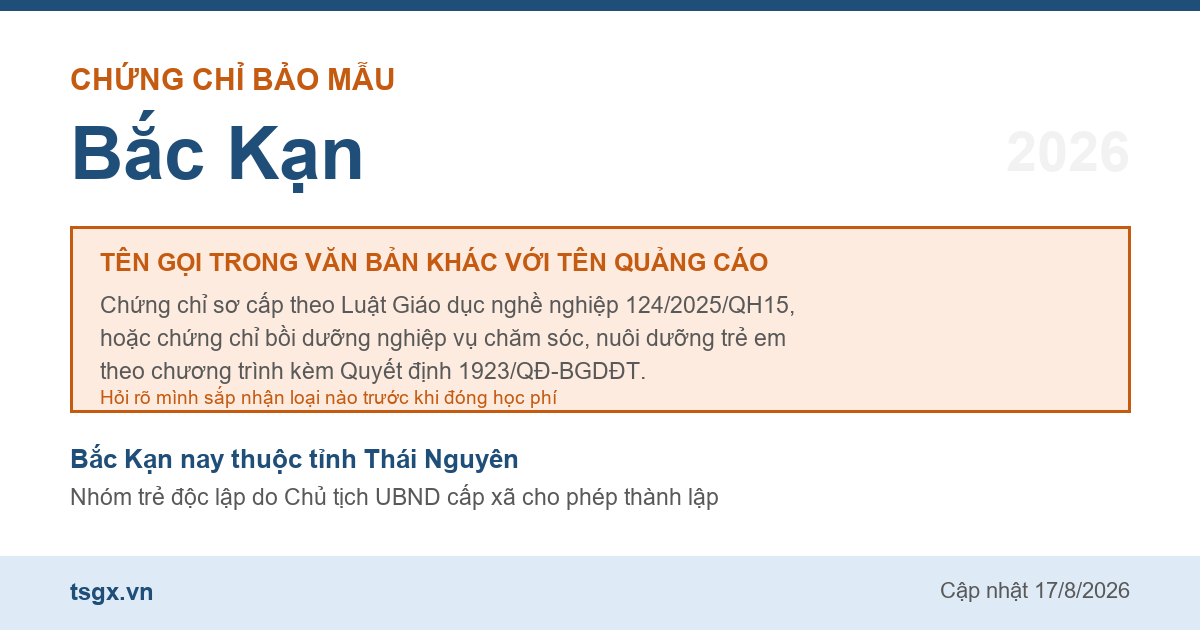Hai loại chứng chỉ đứng sau tên gọi chứng chỉ bảo mẫu tại Bắc Kạn năm 2026