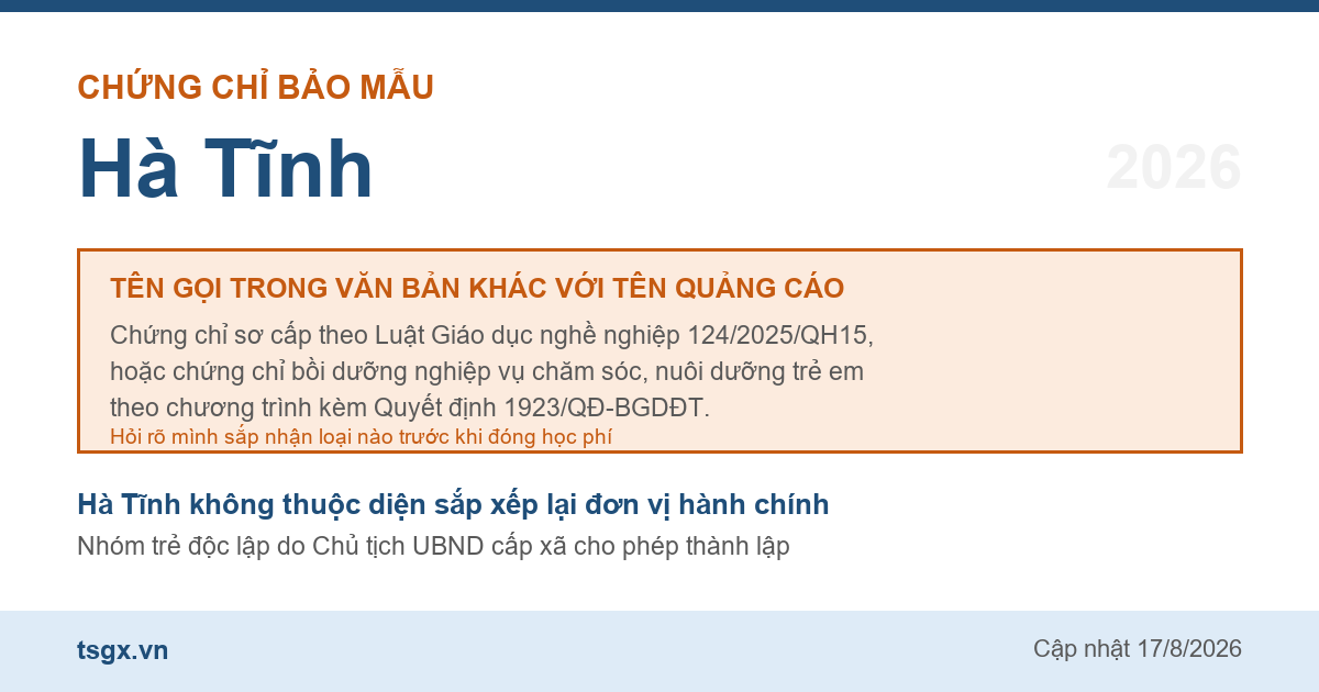 Hai loại chứng chỉ đứng sau tên gọi chứng chỉ bảo mẫu tại Hà Tĩnh năm 2026