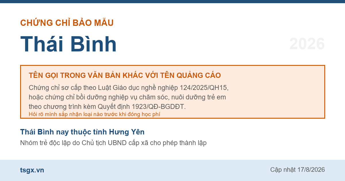 Hai loại chứng chỉ đứng sau tên gọi chứng chỉ bảo mẫu tại Thái Bình năm 2026