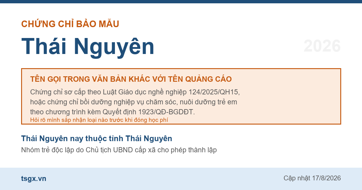 Hai loại chứng chỉ đứng sau tên gọi chứng chỉ bảo mẫu tại Thái Nguyên năm 2026