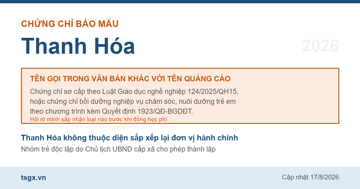 Hai loại chứng chỉ đứng sau tên gọi chứng chỉ bảo mẫu tại Thanh Hóa năm 2026