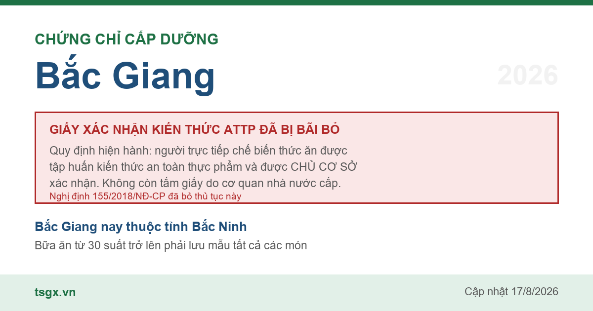 Quy định về xác nhận tập huấn an toàn thực phẩm với người làm bếp tại Bắc Giang năm 2026
