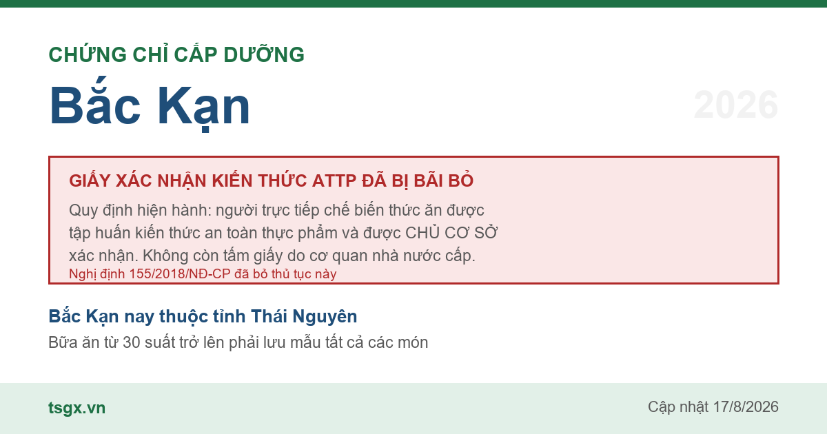 Quy định về xác nhận tập huấn an toàn thực phẩm với người làm bếp tại Bắc Kạn năm 2026