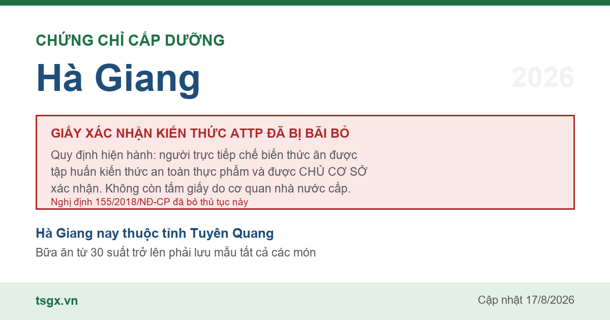 Quy định về xác nhận tập huấn an toàn thực phẩm với người làm bếp tại Hà Giang năm 2026