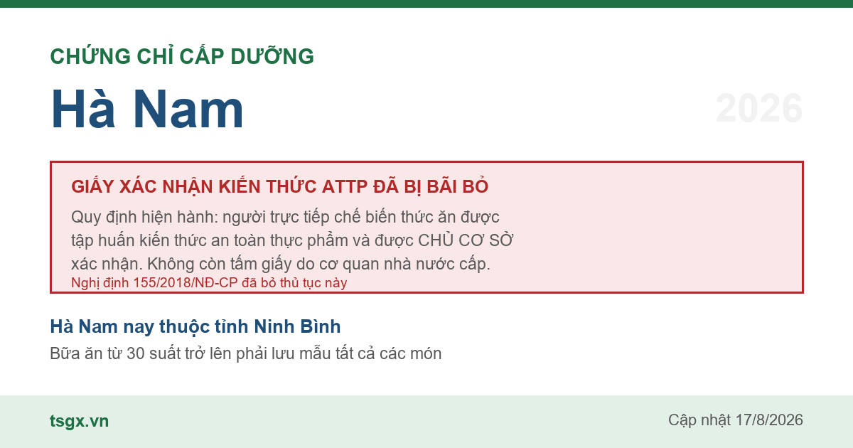 Quy định về xác nhận tập huấn an toàn thực phẩm với người làm bếp tại Hà Nam năm 2026