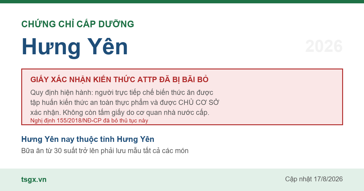 Quy định về xác nhận tập huấn an toàn thực phẩm với người làm bếp tại Hưng Yên năm 2026