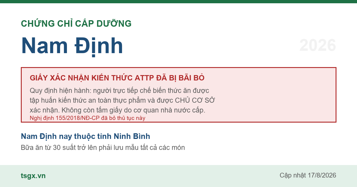 Quy định về xác nhận tập huấn an toàn thực phẩm với người làm bếp tại Nam Định năm 2026