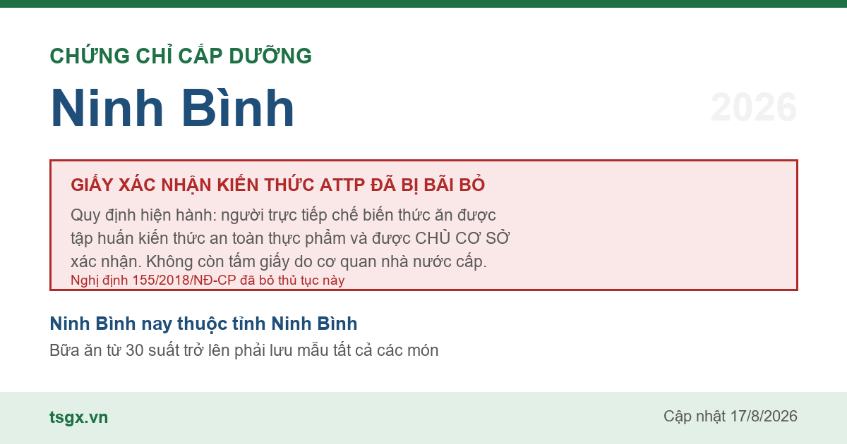 Quy định về xác nhận tập huấn an toàn thực phẩm với người làm bếp tại Ninh Bình năm 2026