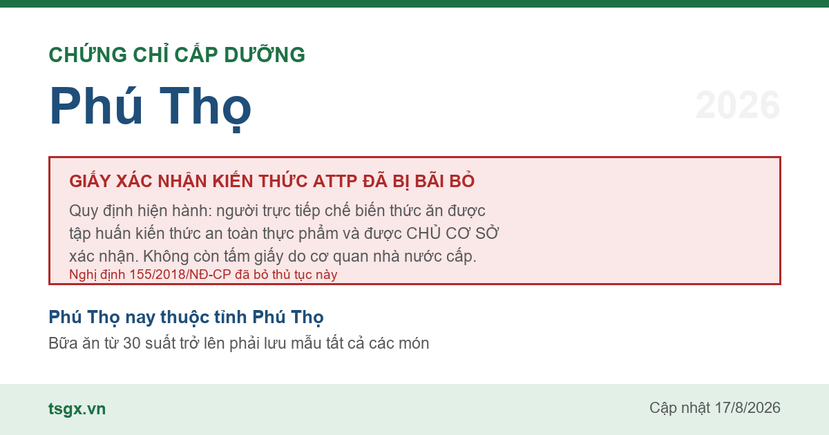 Quy định về xác nhận tập huấn an toàn thực phẩm với người làm bếp tại Phú Thọ năm 2026