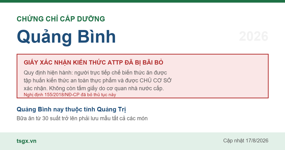 Quy định về xác nhận tập huấn an toàn thực phẩm với người làm bếp tại Quảng Bình năm 2026