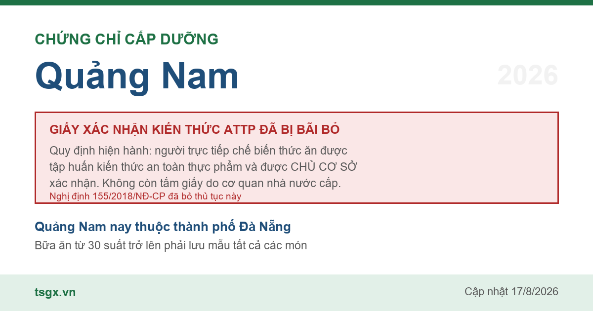 Quy định về xác nhận tập huấn an toàn thực phẩm với người làm bếp tại Quảng Nam năm 2026