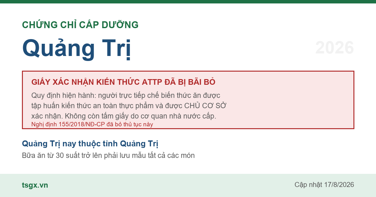 Quy định về xác nhận tập huấn an toàn thực phẩm với người làm bếp tại Quảng Trị năm 2026