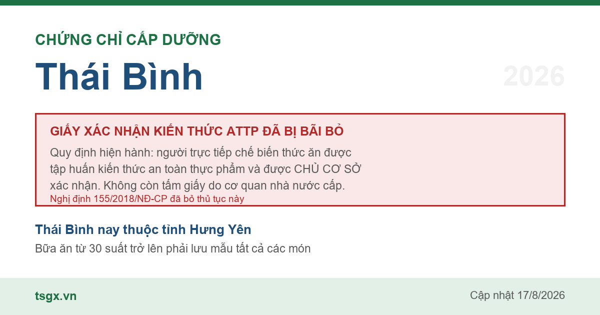 Quy định về xác nhận tập huấn an toàn thực phẩm với người làm bếp tại Thái Bình năm 2026
