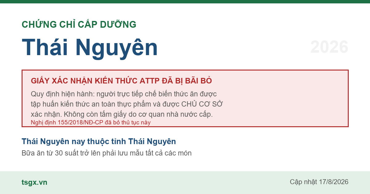 Quy định về xác nhận tập huấn an toàn thực phẩm với người làm bếp tại Thái Nguyên năm 2026