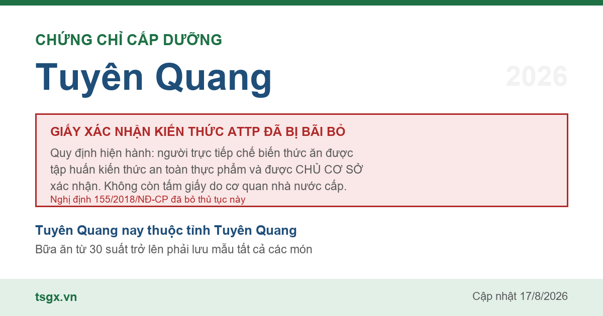 Quy định về xác nhận tập huấn an toàn thực phẩm với người làm bếp tại Tuyên Quang năm 2026