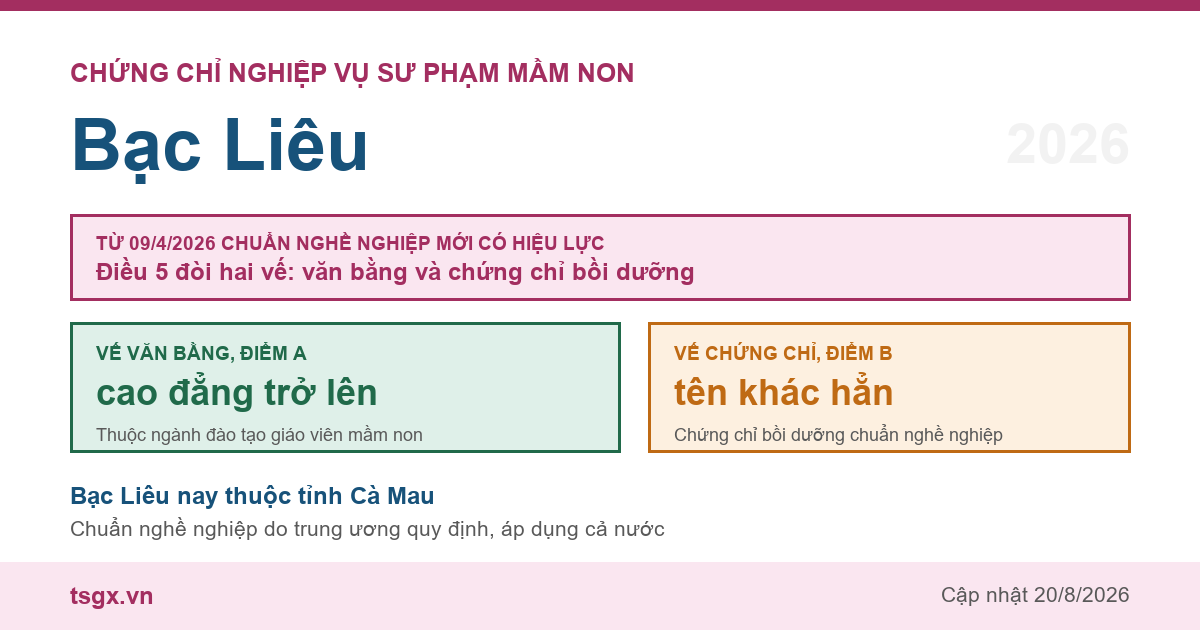 Chứng chỉ Nghiệp vụ Sư phạm Mầm non tại Bạc Liêu năm 2026, chuẩn nghề nghiệp giáo viên mầm non