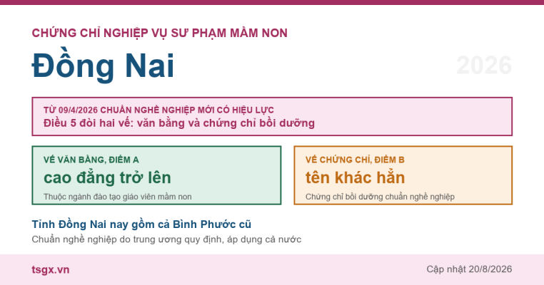 Chứng chỉ Nghiệp vụ Sư phạm Mầm non tại Đồng Nai năm 2026, chuẩn nghề nghiệp giáo viên mầm non