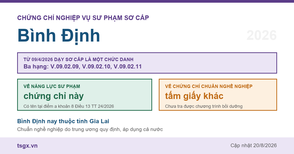 Chứng chỉ Nghiệp vụ Sư phạm sơ cấp tại Bình Định năm 2026, chức danh giáo viên sơ cấp ba hạng