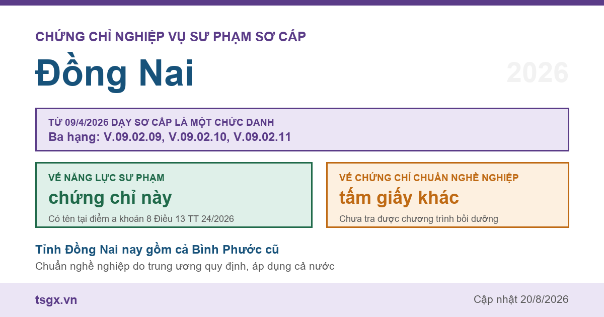 Chứng chỉ Nghiệp vụ Sư phạm sơ cấp tại Đồng Nai năm 2026, chức danh giáo viên sơ cấp ba hạng