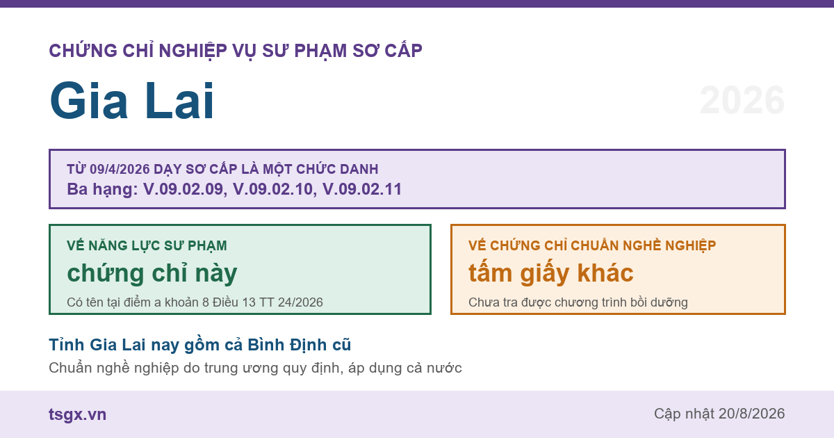 Chứng chỉ Nghiệp vụ Sư phạm sơ cấp tại Gia Lai năm 2026, chức danh giáo viên sơ cấp ba hạng