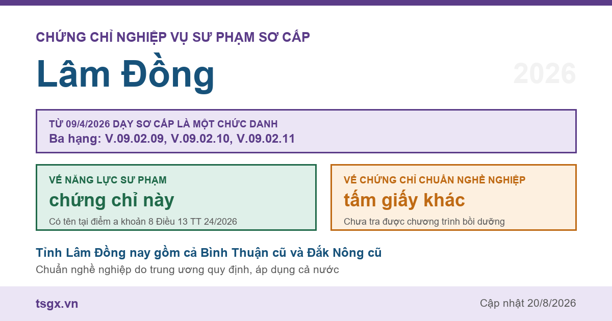 Chứng chỉ Nghiệp vụ Sư phạm sơ cấp tại Lâm Đồng năm 2026, chức danh giáo viên sơ cấp ba hạng