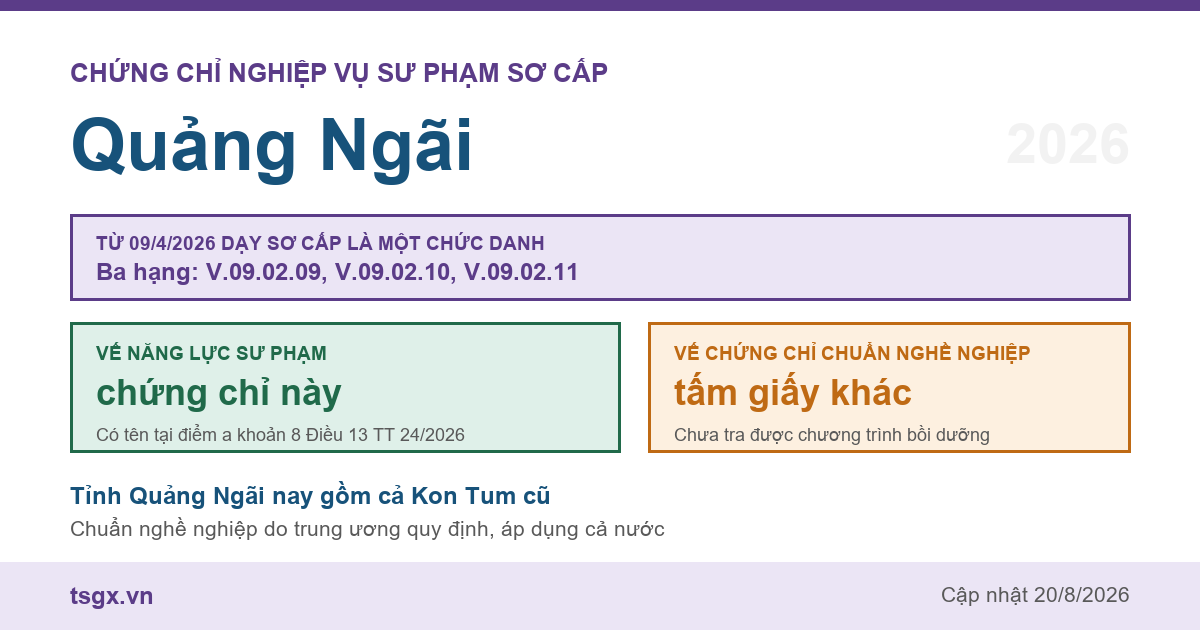 Chứng chỉ Nghiệp vụ Sư phạm sơ cấp tại Quảng Ngãi năm 2026, chức danh giáo viên sơ cấp ba hạng