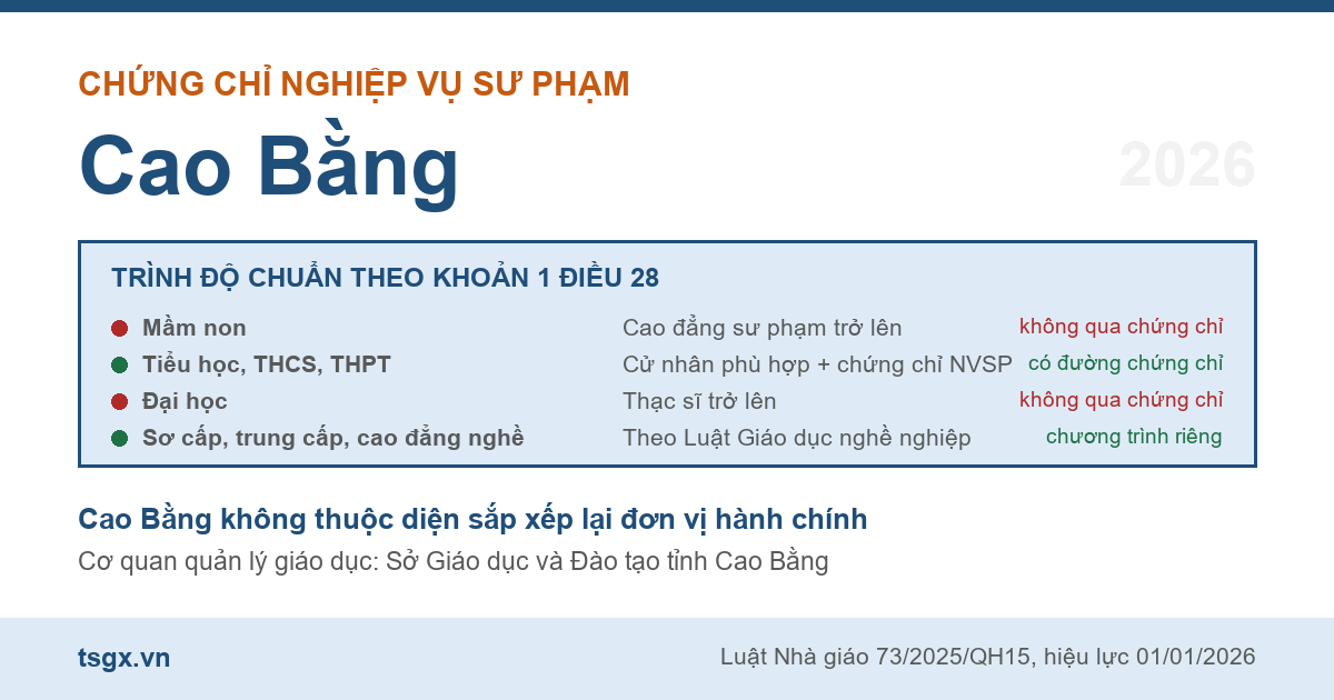 Bốn nhóm trình độ chuẩn nhà giáo áp dụng với người học nghiệp vụ sư phạm tại Cao Bằng năm 2026