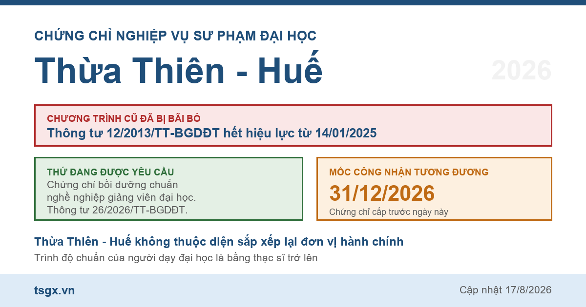 Quy định về chứng chỉ nghiệp vụ sư phạm đại học tại Thừa Thiên - Huế năm 2026
