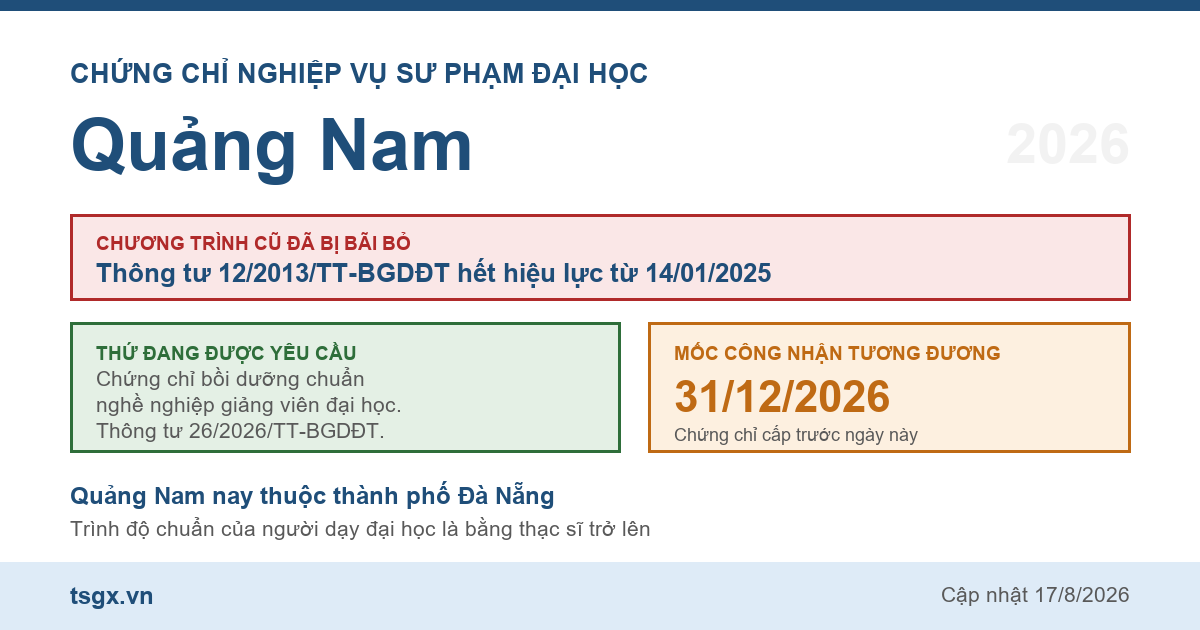 Quy định về chứng chỉ nghiệp vụ sư phạm đại học tại Quảng Nam năm 2026
