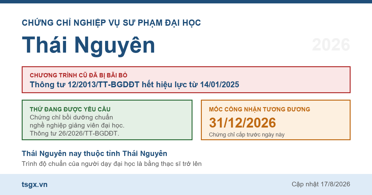 Quy định về chứng chỉ nghiệp vụ sư phạm đại học tại Thái Nguyên năm 2026