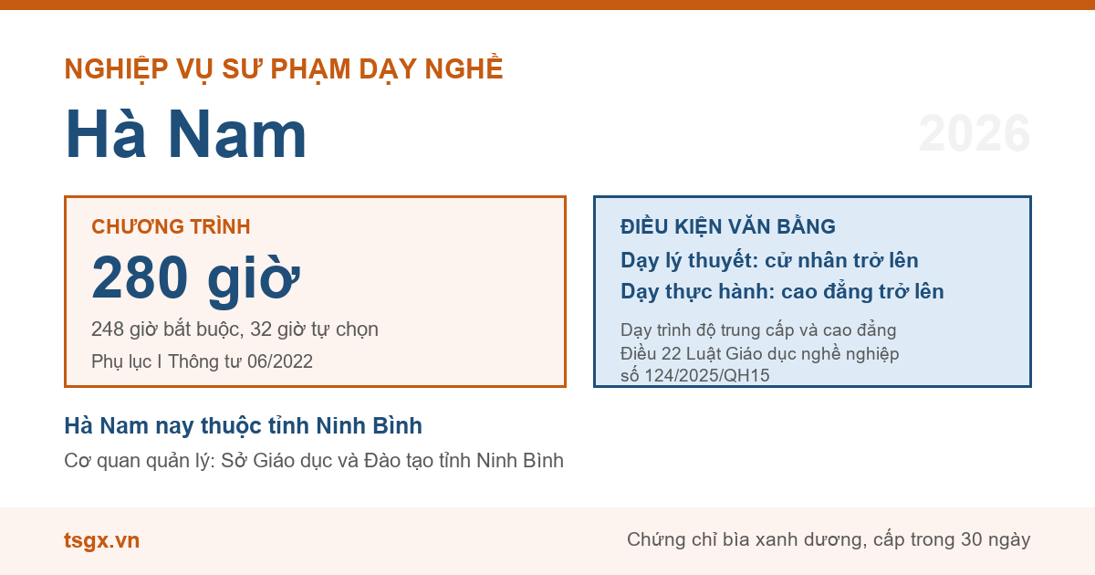 Chương trình 280 giờ và điều kiện văn bằng với nhà giáo dạy trình độ cao đẳng, trung cấp tại Hà Nam năm 2026