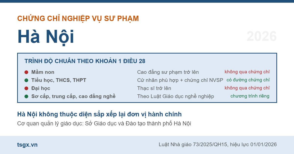 Bốn nhóm trình độ chuẩn nhà giáo áp dụng với người học nghiệp vụ sư phạm tại Hà Nội năm 2026