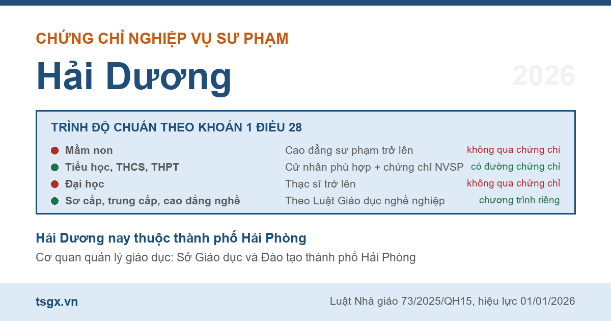 Bốn nhóm trình độ chuẩn nhà giáo áp dụng với người học nghiệp vụ sư phạm tại Hải Dương năm 2026