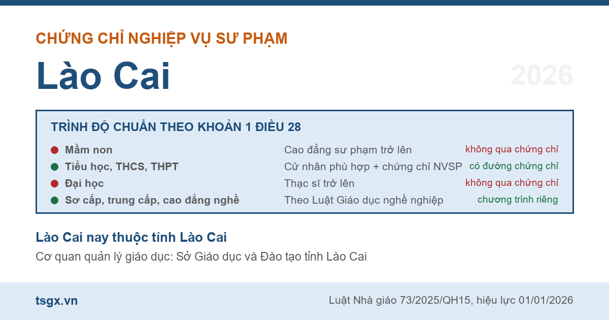 Bốn nhóm trình độ chuẩn nhà giáo áp dụng với người học nghiệp vụ sư phạm tại Lào Cai năm 2026