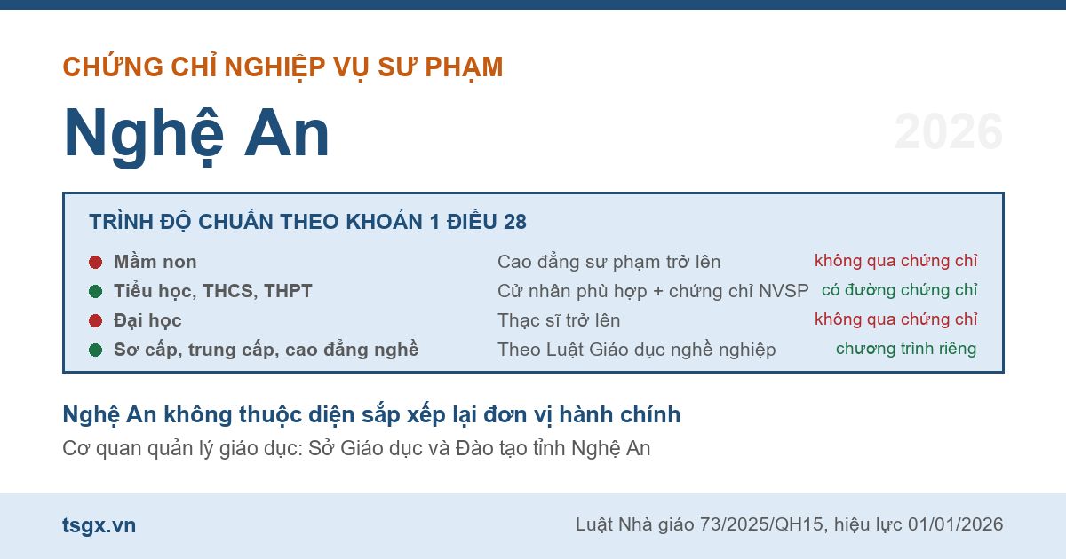 Bốn nhóm trình độ chuẩn nhà giáo áp dụng với người học nghiệp vụ sư phạm tại Nghệ An năm 2026