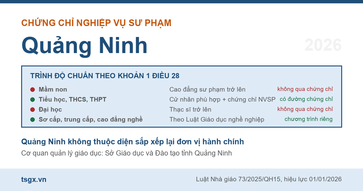 Bốn nhóm trình độ chuẩn nhà giáo áp dụng với người học nghiệp vụ sư phạm tại Quảng Ninh năm 2026