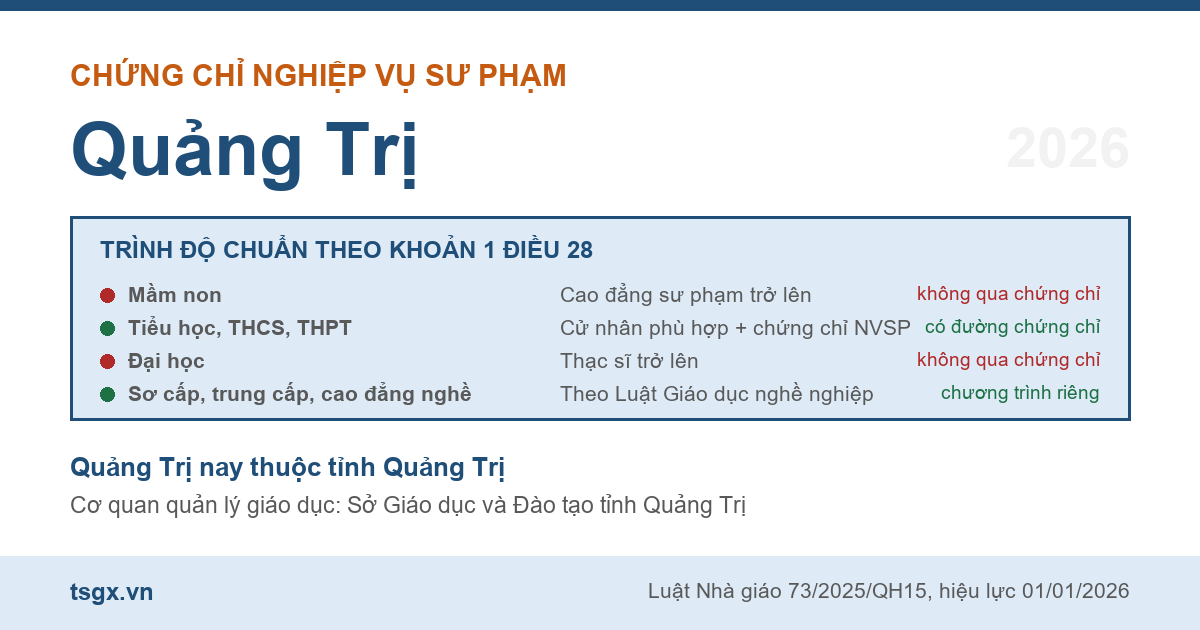 Bốn nhóm trình độ chuẩn nhà giáo áp dụng với người học nghiệp vụ sư phạm tại Quảng Trị năm 2026