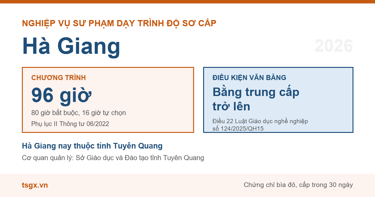 Chương trình 96 giờ và điều kiện văn bằng với nhà giáo dạy trình độ sơ cấp tại Hà Giang năm 2026